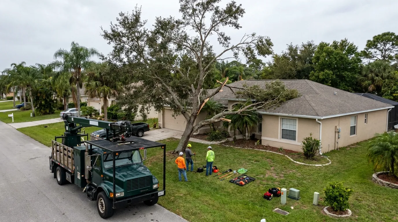 Storm-damaged tree leaning against a Port St Lucie home