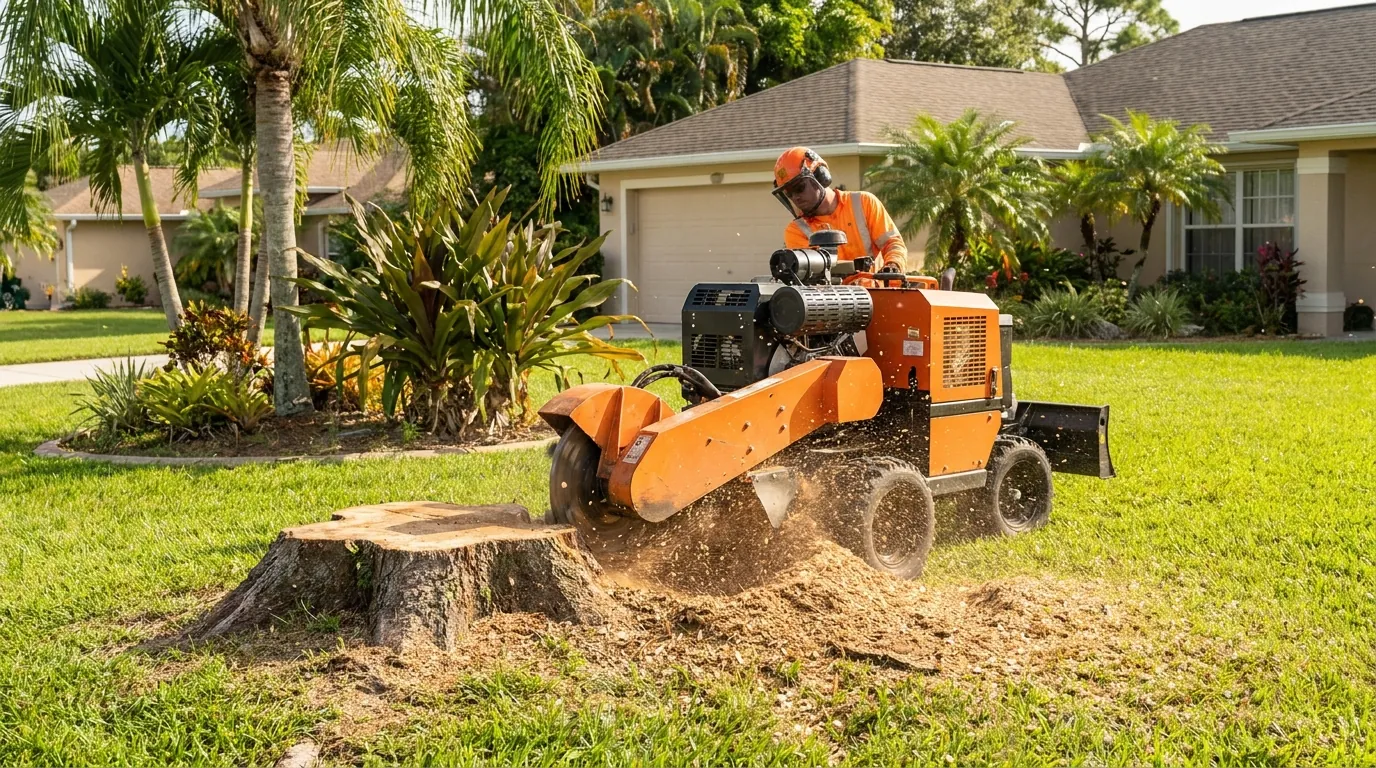 A stump grinder reducing a tree stump to chips in a Port St Lucie yard