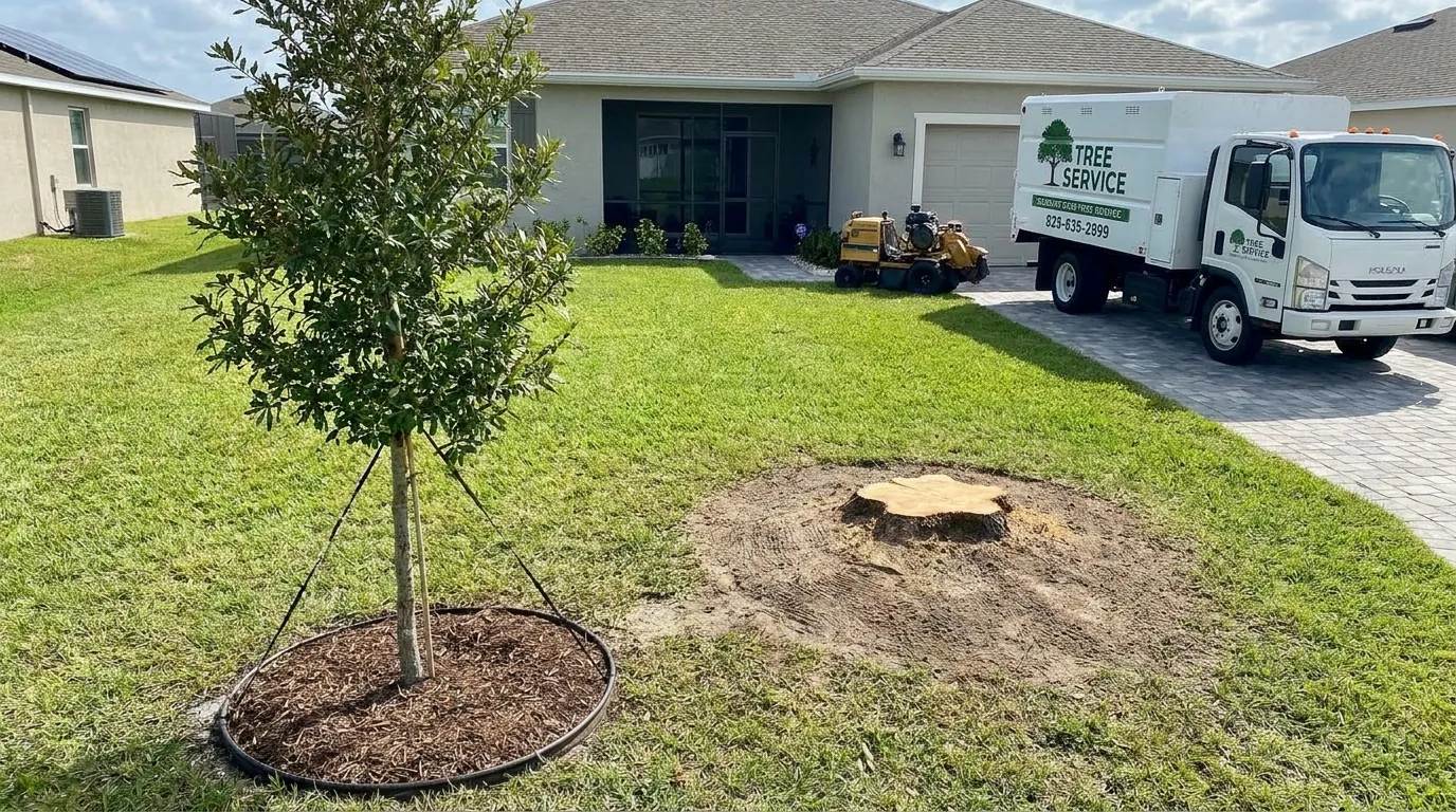 Newly planted tree in a Port St Lucie yard after removal