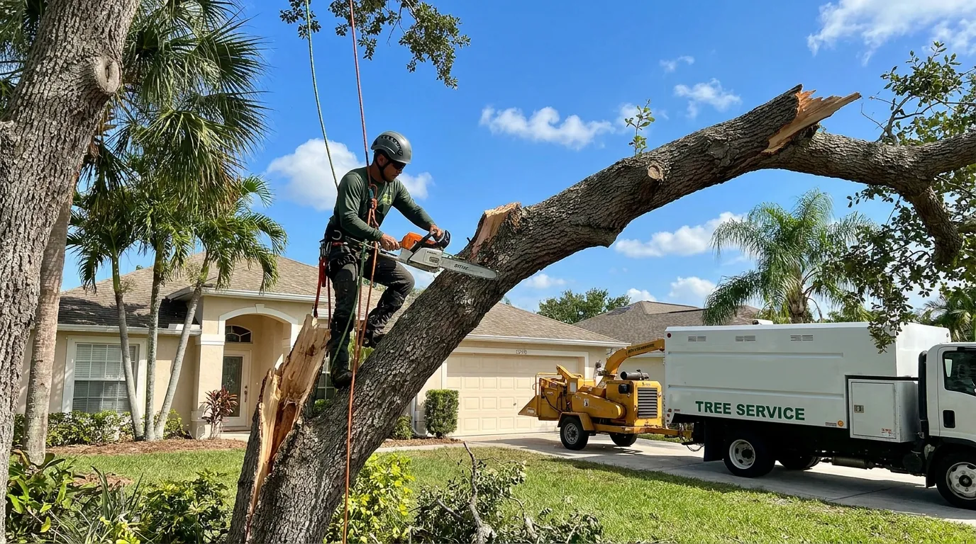 Arborist repairing a storm-damaged tree in Port St Lucie