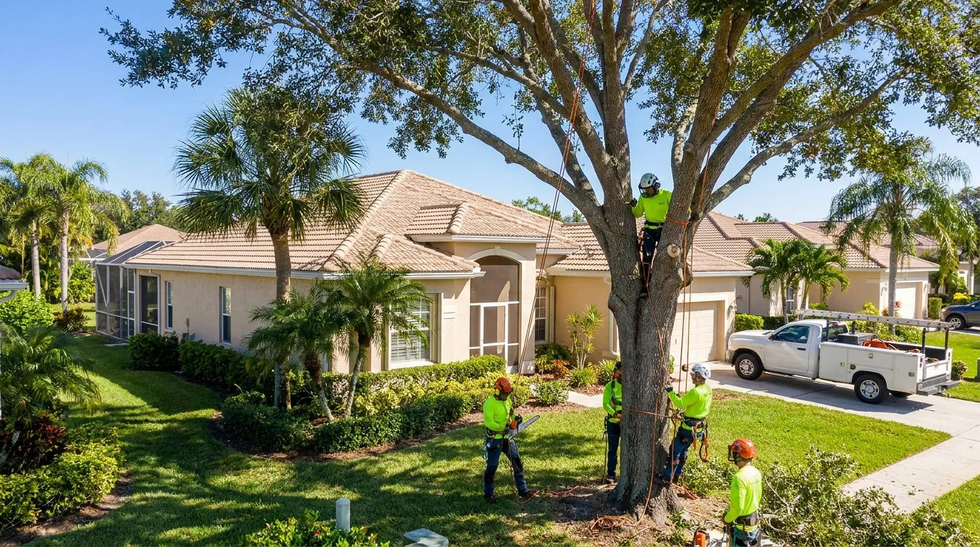 A tree being removed in sections over a Port St Lucie yard