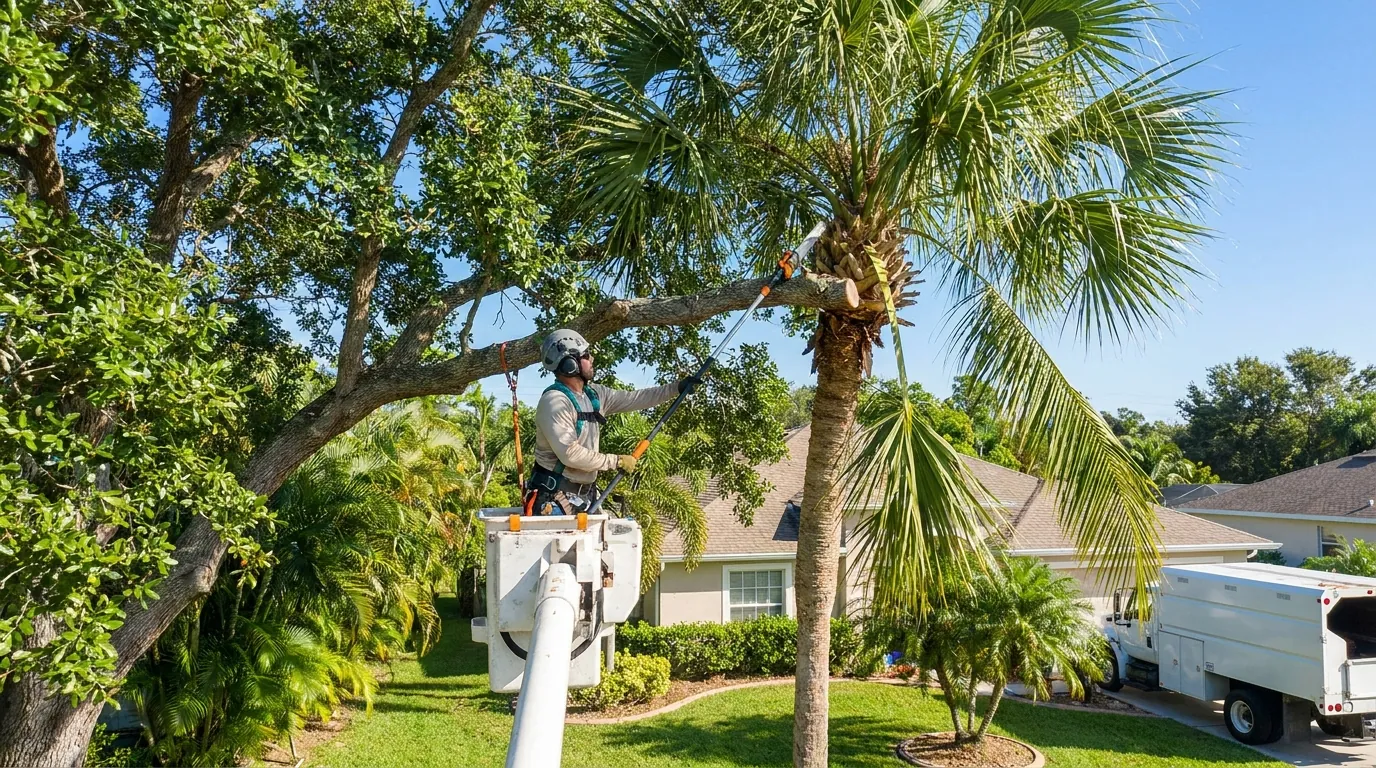 An arborist pruning a shade tree in a Port St Lucie yard